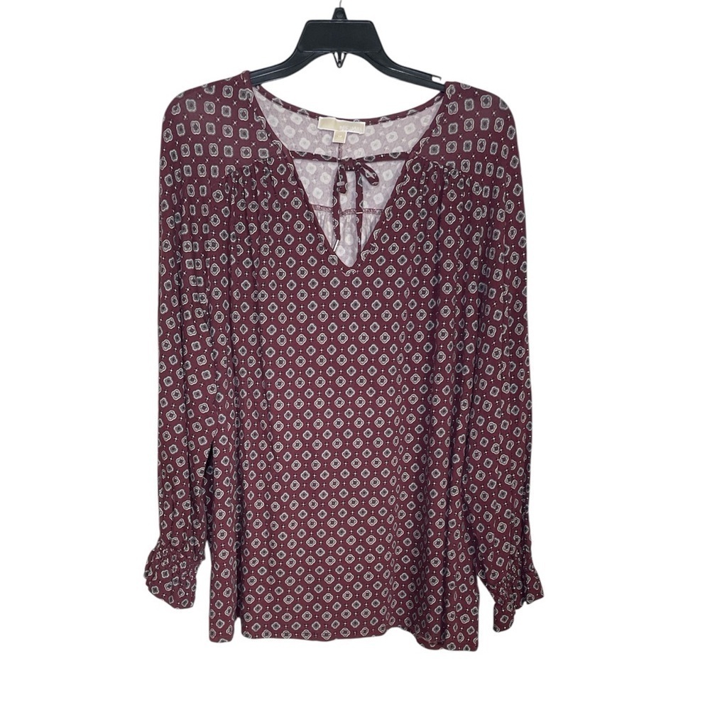 Michael Michael Kors Burgundy Geometric Print V-Neck Long Sleeve Top sz 3X